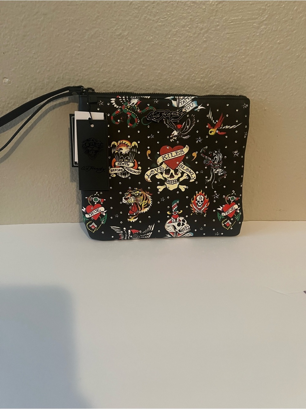 Ed Hardy Women's Tattoo Print Rhinestone Wristlet/Wallet Black Y2K Skulls